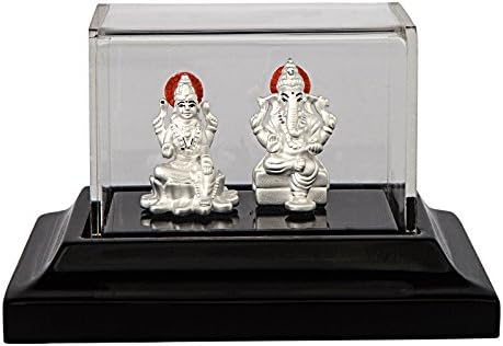 Siri Creations 999 Pure Silver Lakshmi Ganesha Idol with Acralyic Base(90gm)