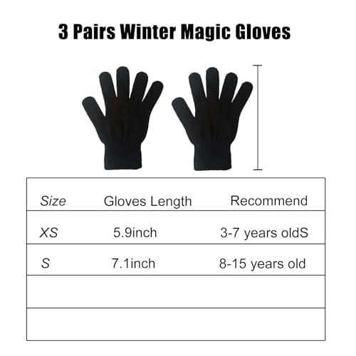 Image of 3 Pairs Magic Gloves Kids 3-12 Boys Girls Black Knit Gloves Warm Winter | Stretch Knit Fabric,Kids Winter Gloves XS /S for choice,School Cycling Drawing,Outdoor Sports Gloves,Festival Warm Gifts