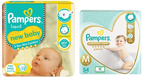 Image of Pampers Active Baby Diapers, New Born, Extra Small, (NB, XS) size, 72 Count, Taped style diaper & Premium Care Pants, Medium size baby diapers (MD), 54 Count, Softest ever pants
