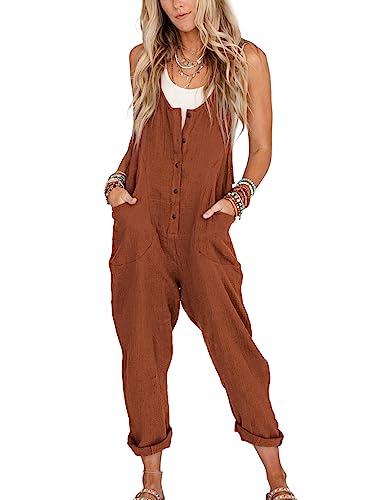 Yeokou Womens Overalls Linen Cotton Jumpsuits Loose Casual Jumpers with Pockets(Rust-M)