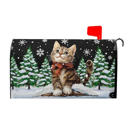 Image of Hello Winter Cat Mailbox Cover Magnetic Standard Size 21 inchx18 inch Merry Christmas Tree Mailbox Wrap Decorative Black Post Letter Box Cover for Courtyard Garden Decor