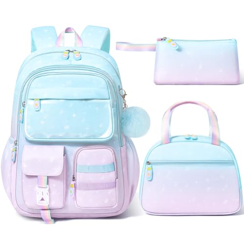 Fimibuke Backpack for Girls, 3 PCS Waterproof Kids Backpack with Lunch Box & Pencil Case, Gradient Backpacks for Teen Girl Kindergarten Elementary Middle High School Student Back to School Bookbag Set