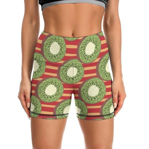 Kiwi Fruit Red Stripe Pattern High Waist Yoga Shorts for Women Athletic Shorts Leggings Running Pants