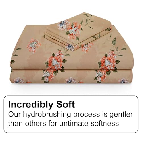 Image of Fresh From Loom Hypoallergenic Floral Print Single Bed Bedsheet with 1 Pillow Covers - Microfiber, 240 TC (60 x 90 inch| Beige, Floral Design)