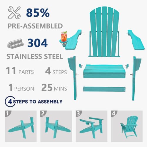 Image of Plawdlik Folding Adirondack Chair, Wooden Textured with Cup Holder, Aruba | SGS Tested, Heavy All-Weather HDPE Comfortable Set Poolside Backyard Lawn
