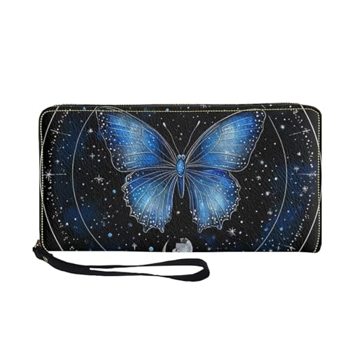COEQINE Blue Butterfly Butterfly Purses For Women Leather Clutch Slim Wallets for Woman, Thin Ladies Credit Card Holder with Chain, Cute Leather Bifold Clutch Handbag for Travel