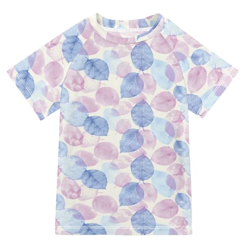 ALAZA Kids Rash Guard Girls Toddler Swim Shirts Short Sleeve Pink Blue Leaves UPF 50+ 3T
