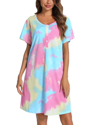 Image of ENJOYNIGHT Womens Short Sleeve Nightgown Tie Dye Nightshirt Nursing Sleepshirts Breastfeeding Sleep Dress