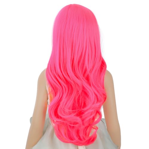 Image of Neon Pink Wig Long Hot Pink Middle Part Wig Long Wavy Curly Wigs Heat Resistant Synthetic Wigs for Daily Party Use