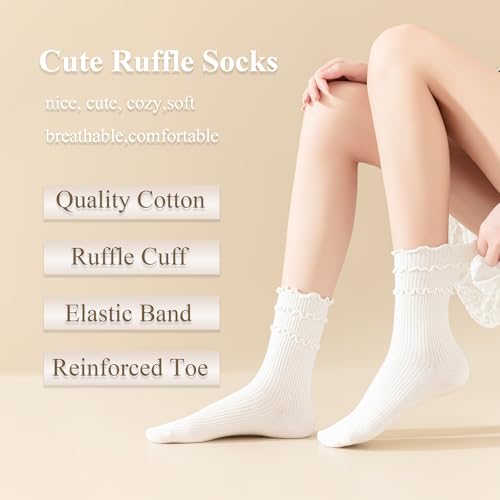 Women's Crew Socks,Cute Ruffle Top, Ultra Soft,Cotton Breathable Cool Lettuce Frilly Casual Sock 4 Pack Size 5-92