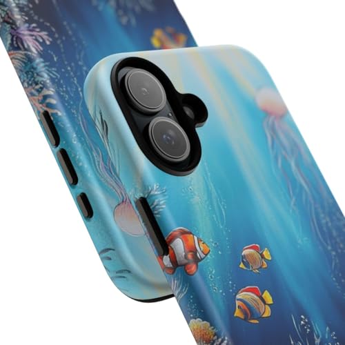 Coque iPhone 16 Plus rigide mate bleu motif récif corallien