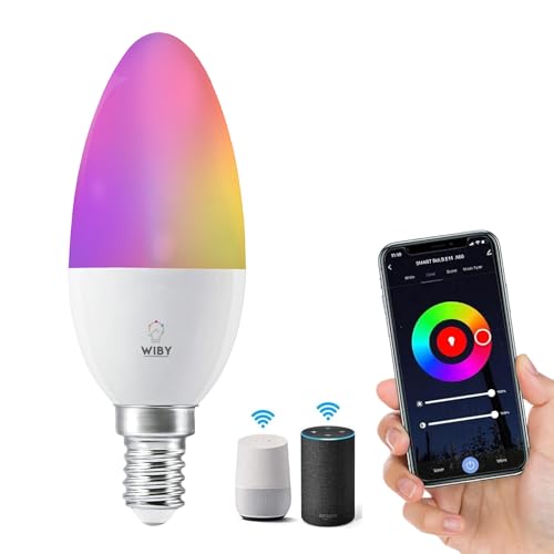 Wiby Lampadina a Oliva Smart Wi-Fi E14 5,5W 400lm RGB + CCT 2700-6500K Dimmerabile, Compatibile con Alexa & Google Home, App Tuya/Smart Life, 1 unità