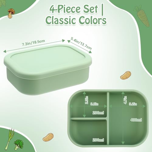 Image of Honeydak 4 Pcs Silicone Bento Box, 3 Compartment Lunch Food Container for Women Men, Leak Proof Microwave Easy to Clean Dishwasher Freezer Safe (Olive Green)