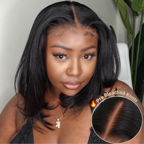 Unice Bye Bye Knots Wig Yaki Kinky Straight Bob Wigs Human Hair Pre Bleached Invisible Knots 7X5 Lace Front Wigs Human Hair Pre Everything Glueless Wigs Pre Plucked Pre Cut Lace 10 Inch thumb #8