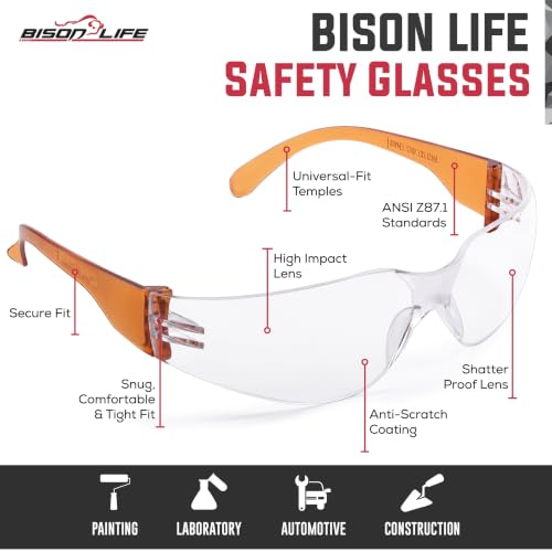 Image of BISON LIFE Clear Safety Glasses - ANSI Z87.1 Certified Scratch & Impact Resistant Eye Protection Goggles for Men & Women