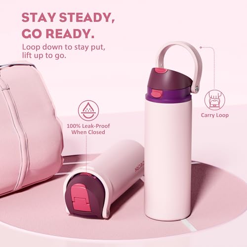 POWCAN 24 oz Stainless Steel Water Bottle: 2-in-1 Push-Button Spout & Quick-Flip Straw, Leakproof, Cold 24 Hrs, Fits Car Cup Holder, Insulated Bottle for Gym, School, Travel, Outdoor Gift (Plum Field) — view 4