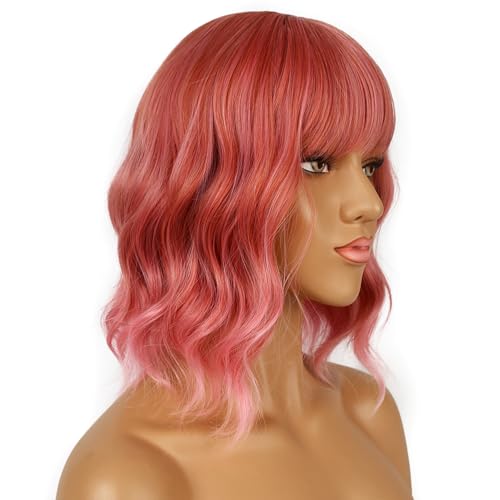 LANCAINI Short Bob Wigs with Bangs for Women Loose Wavy Wig Curly Wavy Shoulder Length Bob Synthetic Cosplay Wig for Girl Colorful Costume Wigs (Dark Pastel Pink) — view 6
