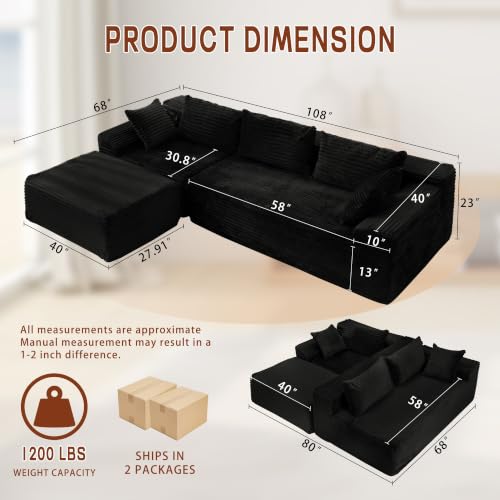 Image of Korser 108 inch L-Shaped Modular Sectional Sofa with Chaise, Boneless Comfy Corduroy Fluffy Couch with Deep Seat and Side Pockets, Flexible Module Combination for Living Room, No Assembly, Side Pockets