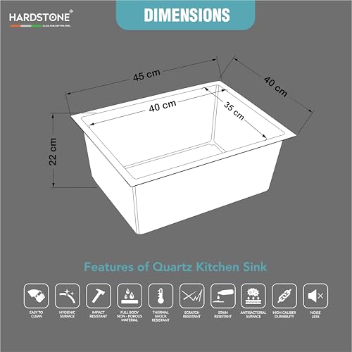 Image of HARDSTONE Premium Quartz Kitchen Sink 16x18x8.5 Inches | Smoky Black Granite Single Bowl Composite Sink with Stainless Steel Waste Coupling & Flexible Drain Pipe | Dual Mount| 10 Year Warranty