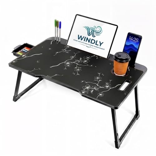 Image of WINDLY Smart Multipurpose Foldable Laptop Table with Cup Holder, Study Table, Bed Table, Breakfast Table, Foldable and Portable /Ergonomic & Rounded Edges /Non-Slip Legs