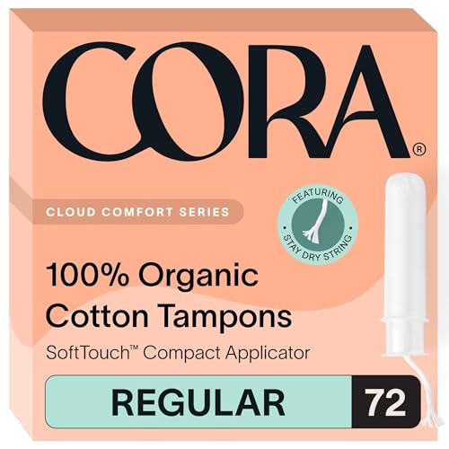Cora Organic Applicator Tampons | Regular Absorbency | 100% Organic Cotton, Unscented, BPA-Free Compact Applicator | Leak Protection | Packaging May Vary | 72 Total