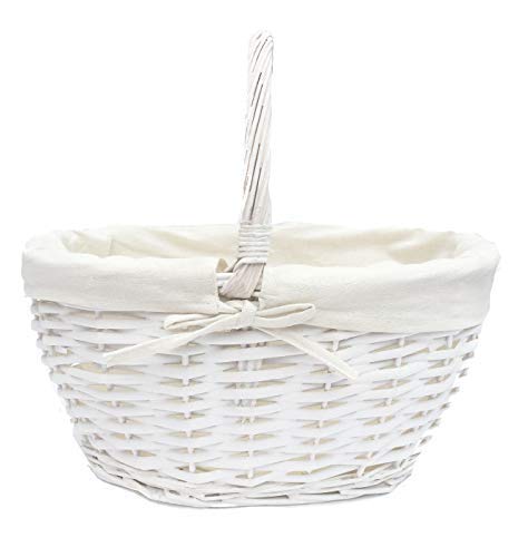 Strong Oval Wicker Garden Trug Basket Flower Harvest Log Fruit With Handle (White, Small 27x22x25cm)