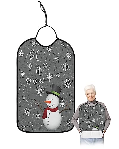Christmas Snowman Adult Bibs for Eating, Waterproof Bibs with Food Catcher & Adjustable Snap Closure, Winter Snowflake Gray Let Snow Washable Clothing Protectors Adult Bibs for Elderly Women/Men