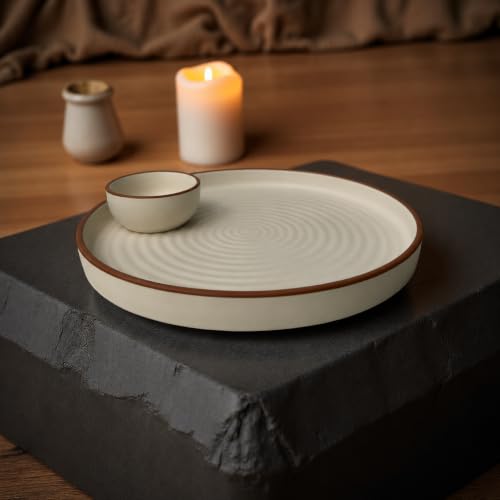 Image of Ceramic Chip & Dip Platter | 10 Inches | Off White Stoneware Serving Plate with Dip Bowl for Snacks, Appetizers, Chips & Starters | Microwave and Dishwasher Safe