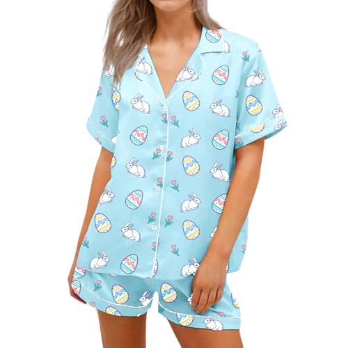 Image of Women Easter Pajamas Set Cute Bunny Button Down Shirt and Shorts 2 Piece Pj Set Y2K Easter Outfits