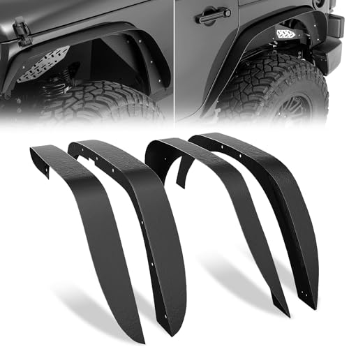 YZONA for Wrangler JK Flat Front and Rear Fender Flares Combo Compatible with 2007-2018 Jeep Wrangler JK JKU Unlimited, 4-Piece Off-Road Heavy Duty Steel Wheel Fenders Kit (2/4 Doors, Textured Black)