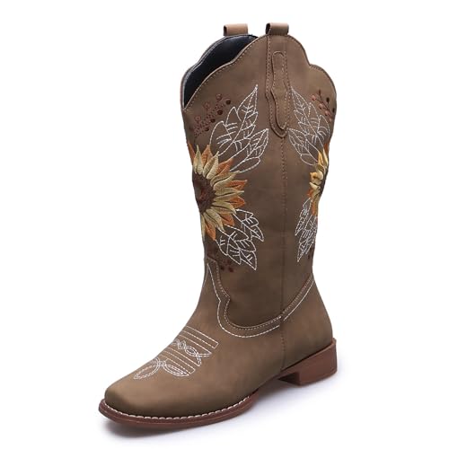 SACFOF Cowboy Boots for Women Sunflower Boots Square Toe Mid Calf Western Embroidery Stitched Low Heel Western Cowgirl Boots