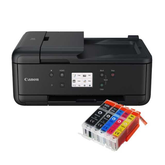 IC-Office TR7650 Farbtintenstrahl Multifunktionsdrucker 4-in-1 (Drucken, Kopieren, Scannen, Faxen, ADF, WLAN, AirPrint) schwarz + 5 XXL Tintenpatronen
