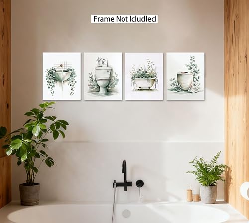 Image of Frimeeme Unframed Green Botanical Bathroom Wall Art Decor,Set of 4