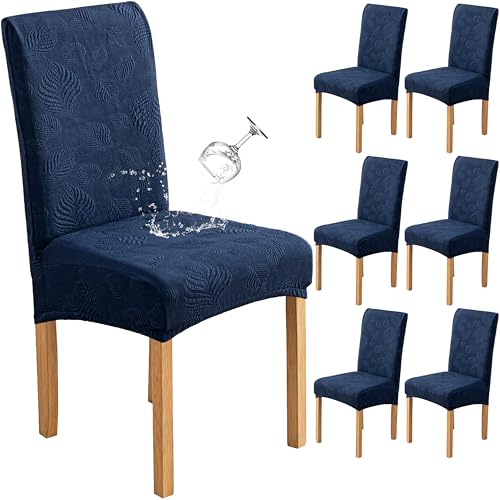 Image of Genina Waterproof Dining Chair Cover Set of 6,Kitchen Chair Cover,Navy Blue | Stretch Dining Room Chair Slipcovers with Leaf Jacquard,Removable Kitchen Chair Protector for Home,Restaurant,Banquet