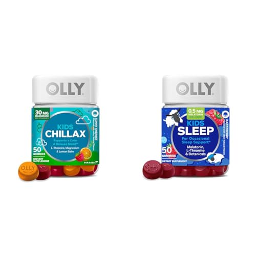 OLLY Kids Chillax Gummies L-Theanine Magnesium Lemon Balm 50 Count & Sleep Gummies 0.5mg Melatonin L Theanine Chamomile Lemon Balm 50 Count
