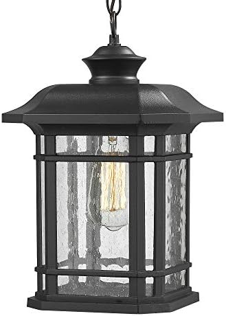 Emliviar Modern Exterior Pendant Light Lantern, 14" Outdoor Hanging Light in Black Finish with Seeded Glass, A2202110D1