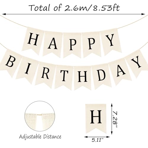 Image of Domeny Happy Birthday Burlap Banner Boho Birthday Bunting Banner Black Bohemian Birthdays Bunting Garland Rustic White Birthday Party Hanging Garland for Women Men Birthday Photo Backdrop