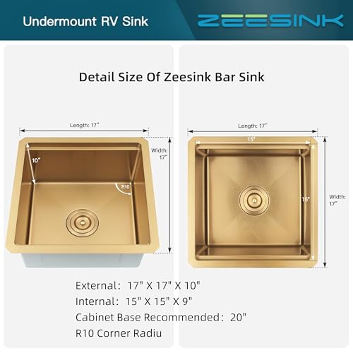 Image of Gold Bar Sink 17 inch X 17 inch,16 Gauge Stainless Steel Undermount Bar & Prep Sinks,Small Bar Sink /RV Sink /Camping Van Sink (Gold, 17 X 17 inch)