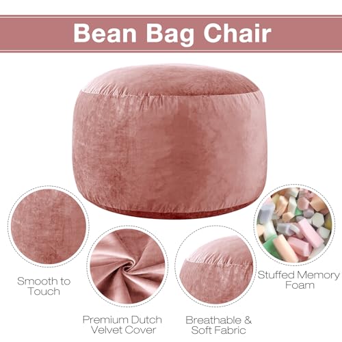 Image of 5 ft Bean Bag Chair, Bean Bag Chairs for Adults,5 Foot,Pink | Memory Foam Filling,Beanbag Sofa for Living Room,Ultra Soft Velvet Cover,Convenient Pocket & Pull-Handle