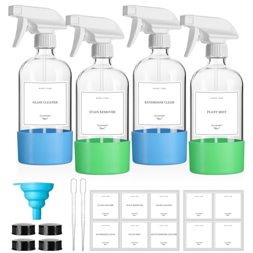 4 Pack Glass Spray Bottles with Silicone Sleeve,16oz Clear Glass Spray Bottles Refillable Empty Bottle with Adjustable Nozzle,Spray Bottle for Cleaning Solutions,Essential Oils,Pets,Hair