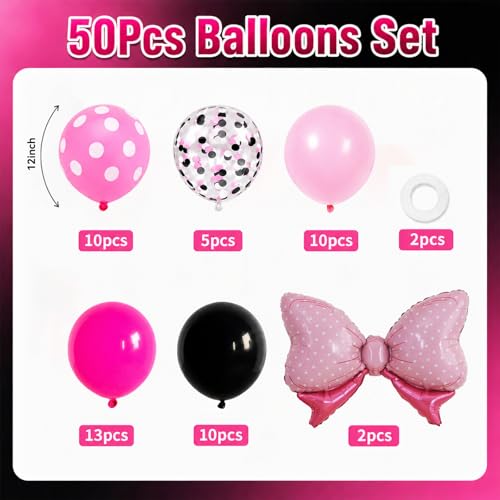 Image of Pink and Black Balloons with 2Pcs Pink Bow Balloons | 50 Pcs 12 Inch Hot Pink Black Balloons Set with Confetti Balloons for Girl Birthday Bachelorette Party Wedding Decorations
