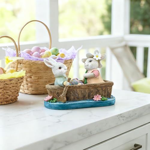 Estatua de conejos en bote decorativa de resina miniatura 4