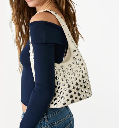 Bolso Hobo con Tachuelas Estilo Y2K Blanco para Mujer miniatura 2