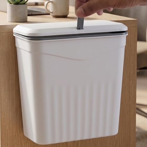Image of TEX-RO Hanging Dustbin for Kitchen with Lid, 9L Wall Mounted Dustbin for Home with 2-Way Lid Opening, No-Drill Cabinet Door Hanging Trash Can, Plastic Waste Bin for Bathroom Bedroom Office (White)
