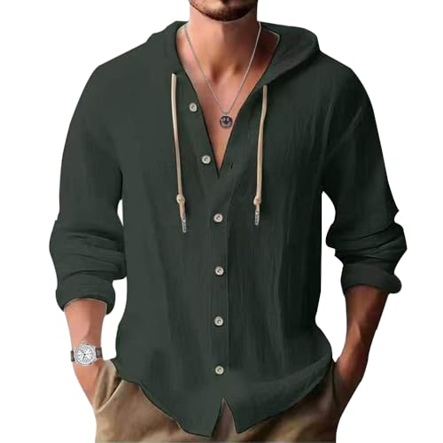 Cotton Linen Shirts for Men Long Sleeve V Neck Hooded Sweatshirts Fall Trendy Long Sleeve Button Down Shirts