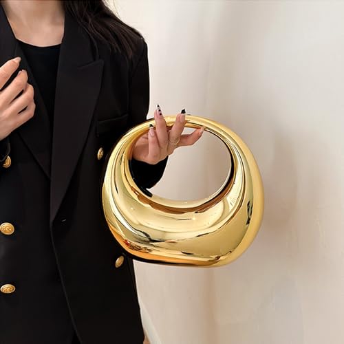 Image of Women's Gold Acrylic Moon Shape Evening Clutch Purse Fashion Y2K Mirror Hobo Handbag for prom Party