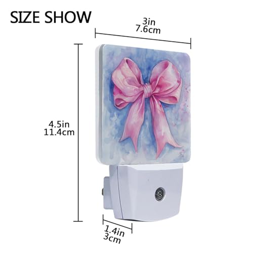 Image of Pink Bow Watercolor Night Lights 2 Pack Plug-in Wall Led Nightlight Auto Dusk-to-Dawn Sensor Lamps for Bedroom Kitchen Bathroom