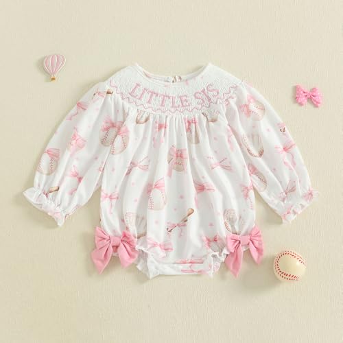 Baby girl baseball outfit newborn little sister smocked bubble romper football Bowknot bodysuit cute fall clothes3
