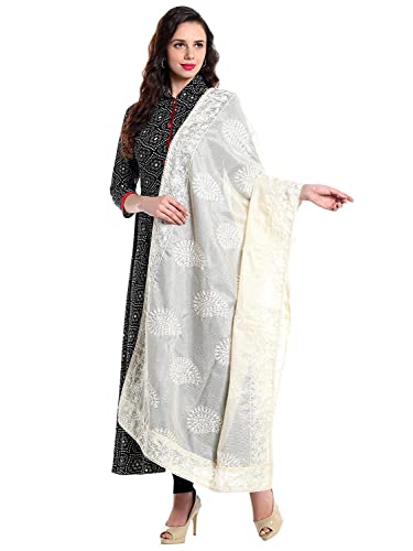 Women's Embroidered Ivory Cotton Kota Doria dupatta White 2cm