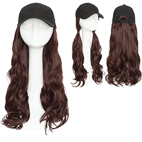 Hat Hair Extension Baseball Cap With Hair Curly Long Wavy Corn Wave Hairpiece With Baseball Hat Attached Adjustable Cap Synthetic Yaki Hair for girls and women (16”-Curly, Wine Red)
